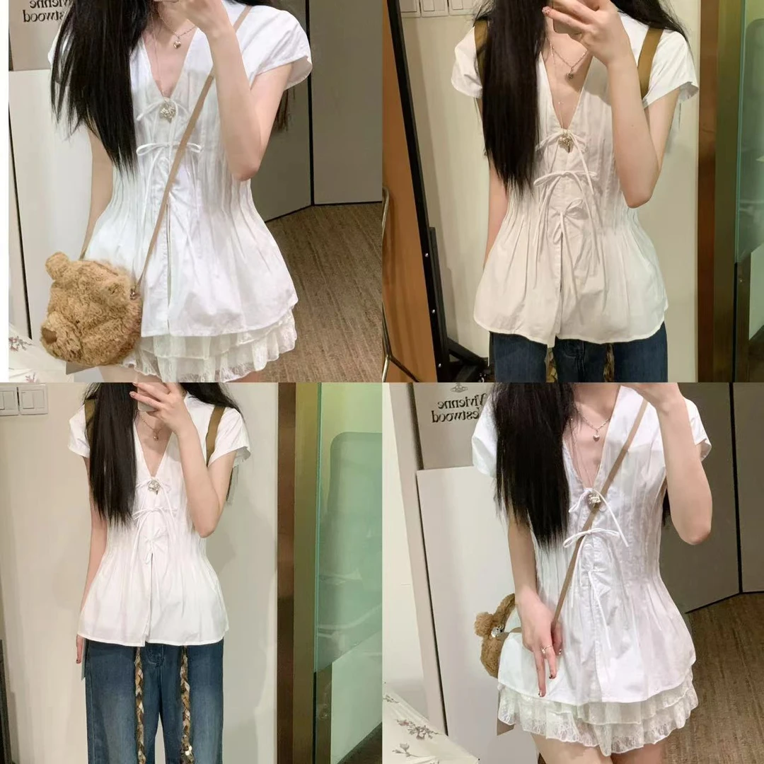 夏季白色带内衬褶皱收腰抽绳短袖甜美百搭显瘦设计感衬衫2018