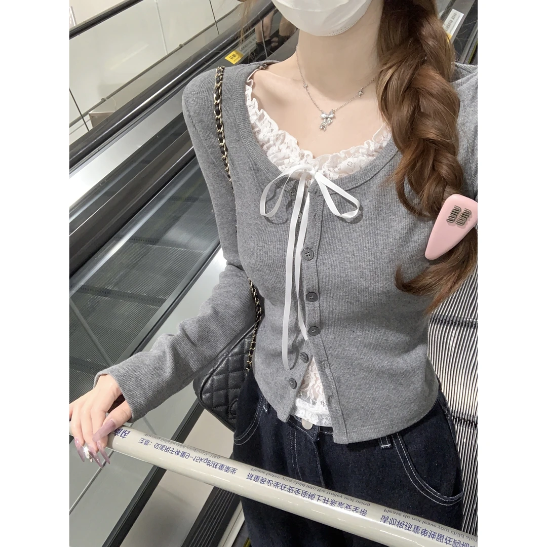 夏季纯欲蕾丝拼接T恤女秋季修身显瘦假两件长袖打底衫上衣女百搭