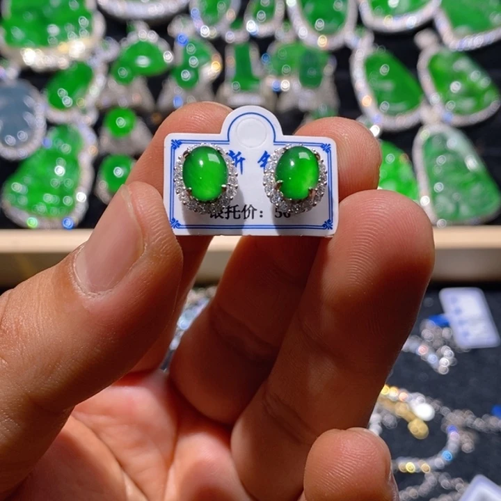 翡翠耳饰银S925镶嵌天然A货翡翠