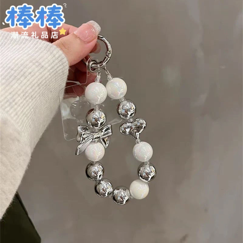 ins风电镀银爱心串珠挂链手机挂链短款相机ccd挂链手机链手腕式女