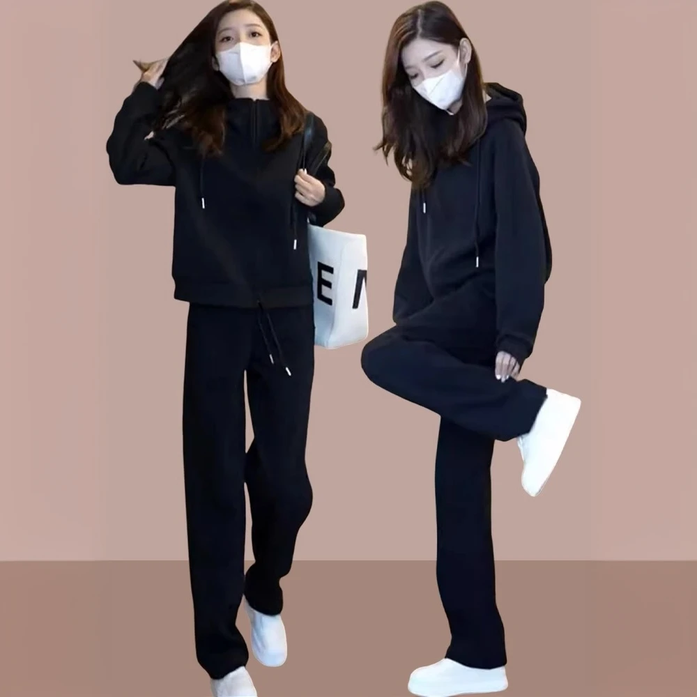 2025秋季新款女士休闲运动跑步两件套时尚洋气连帽卫衣长裤套装女