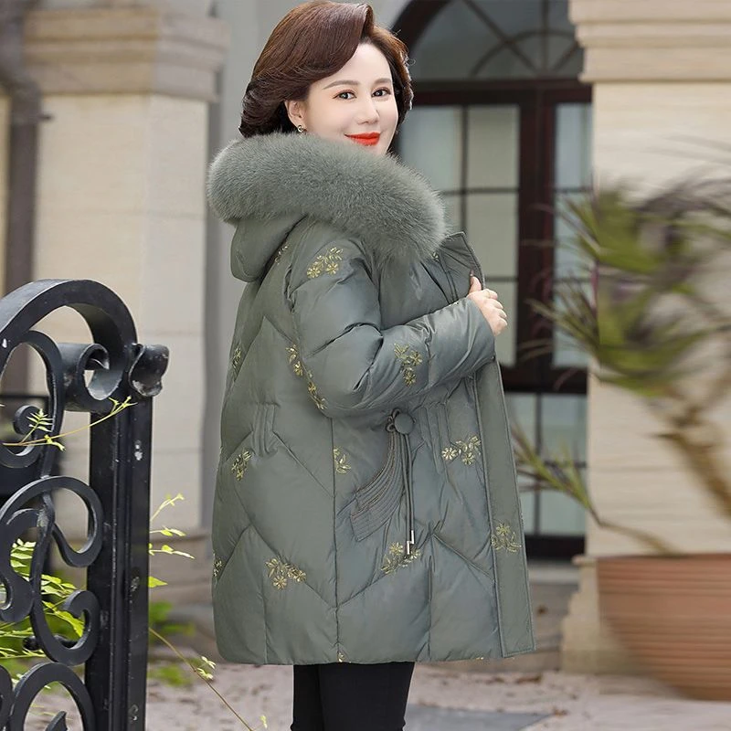 妈妈装羽绒服中长款大码2025年新款中老年人女装冬季加厚毛领外套