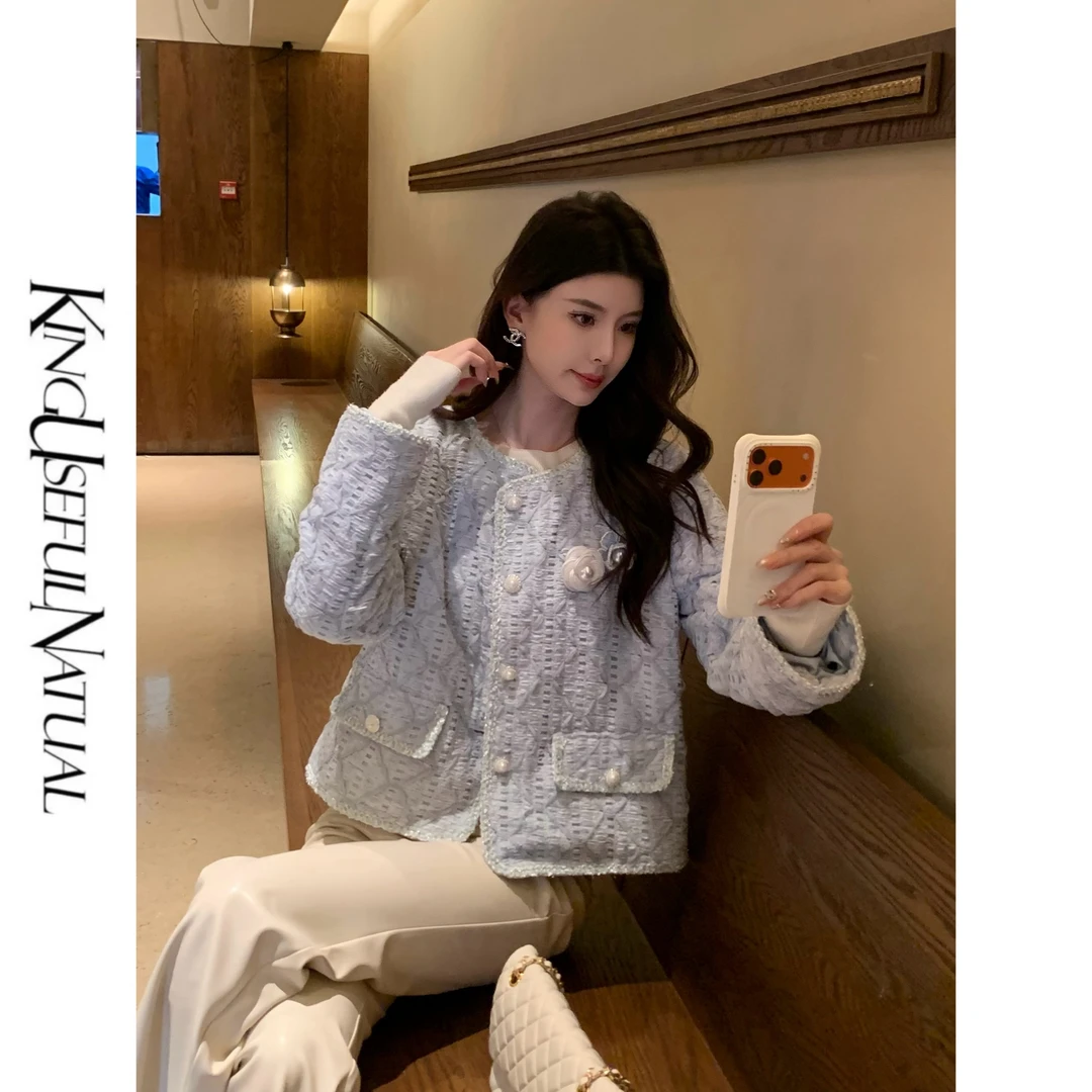 KUN【小香lady】贵气值up 蓝银丝织带短款圆领冬加厚羽绒服外套