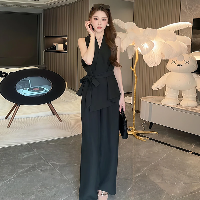 休闲减龄设计感套装女2026年夏季新款绑带收腰上衣阔腿裤两件套潮
