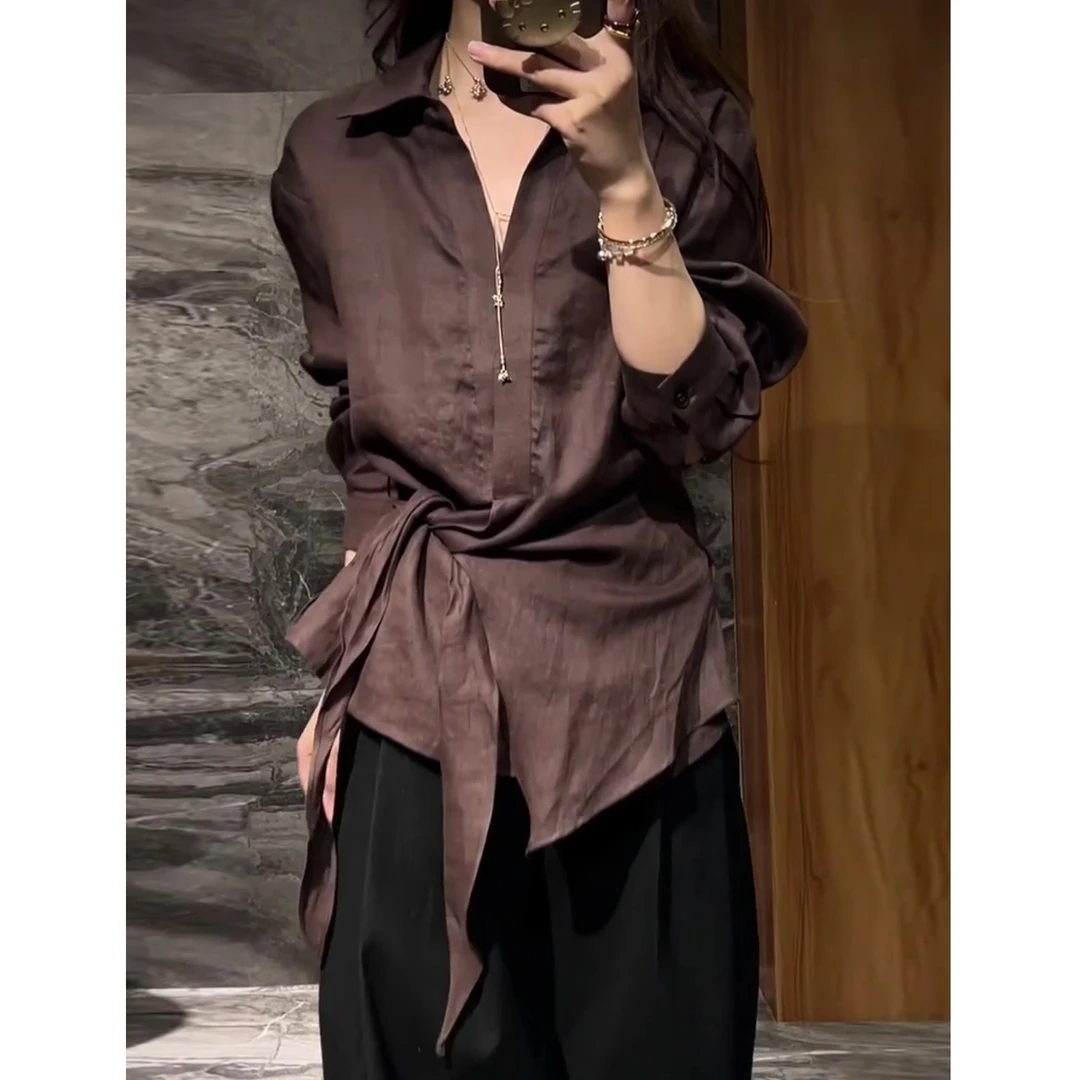 咖啡色翻领长袖衬衫女2025秋季新款时尚洋气减龄宽松显瘦百搭上衣