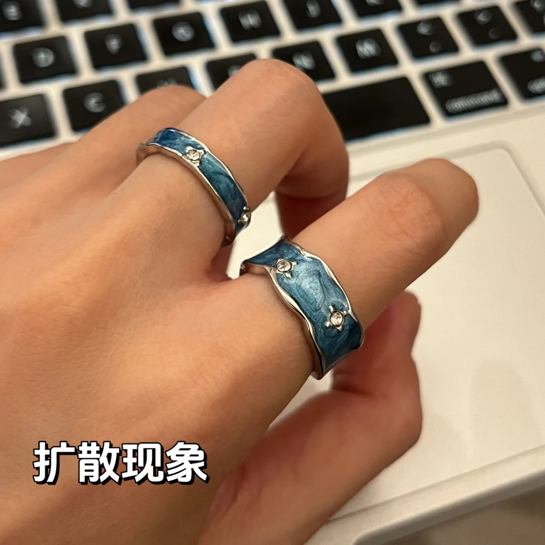 钛钢戒指 复古珐琅滴油锆石戒指ins小众设计曲线开口食指戒不掉色