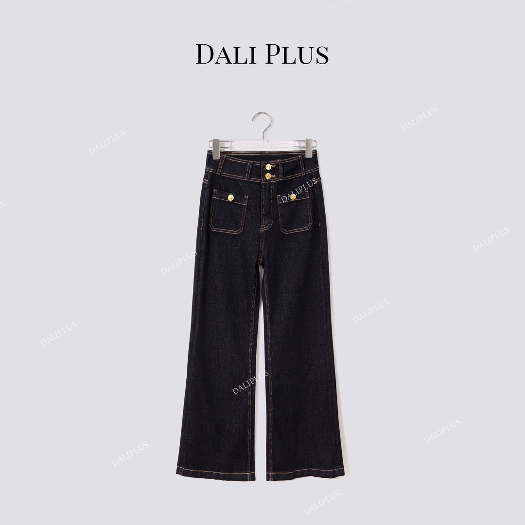 DALI PLUS“蓝金牛仔裤”防褪色金扣腰头加宽设计阔腿裤-D5MM2858