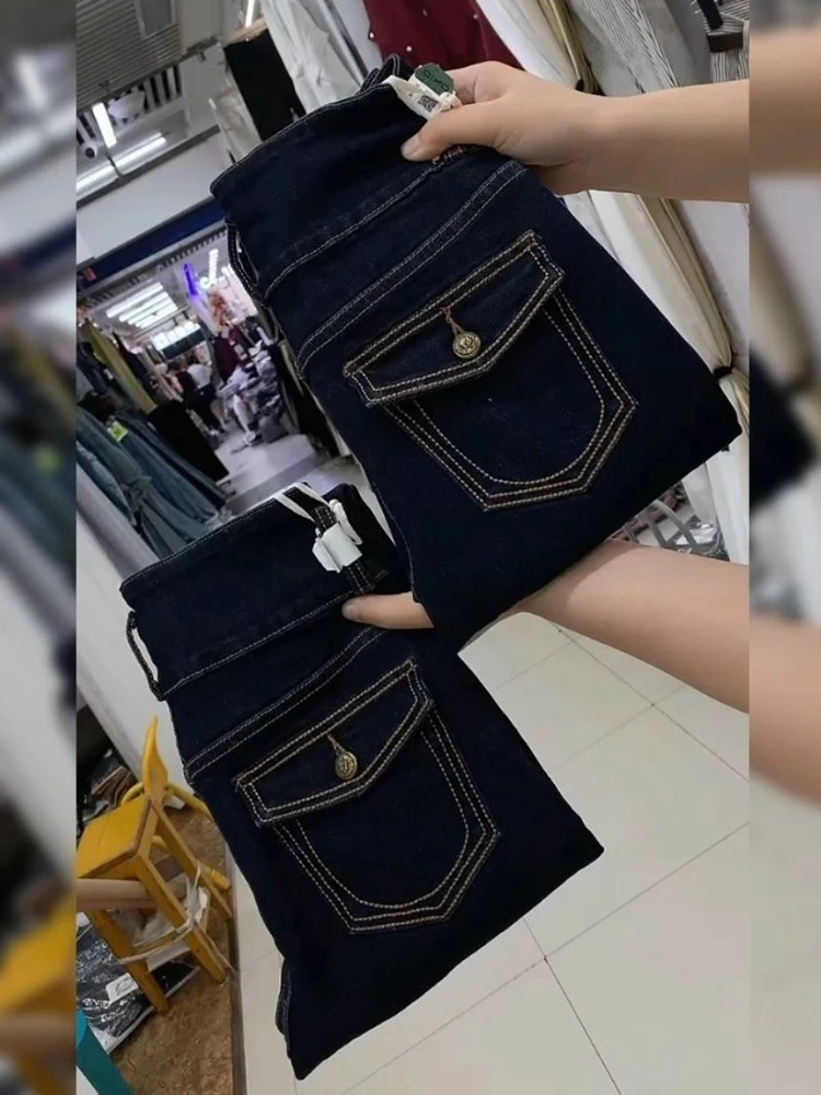 黑色秋季铅笔裤大码高腰明线弹力小脚裤女梨形身材九分修身牛仔裤