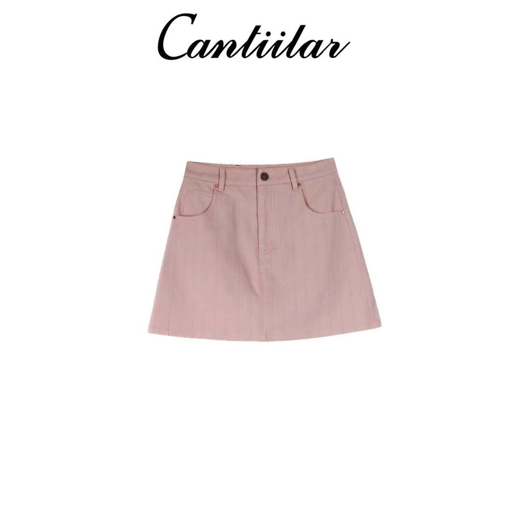 CANTIILAR “慕斯裙”高腰显瘦百搭A字肌理感牛仔短裙 JK6675