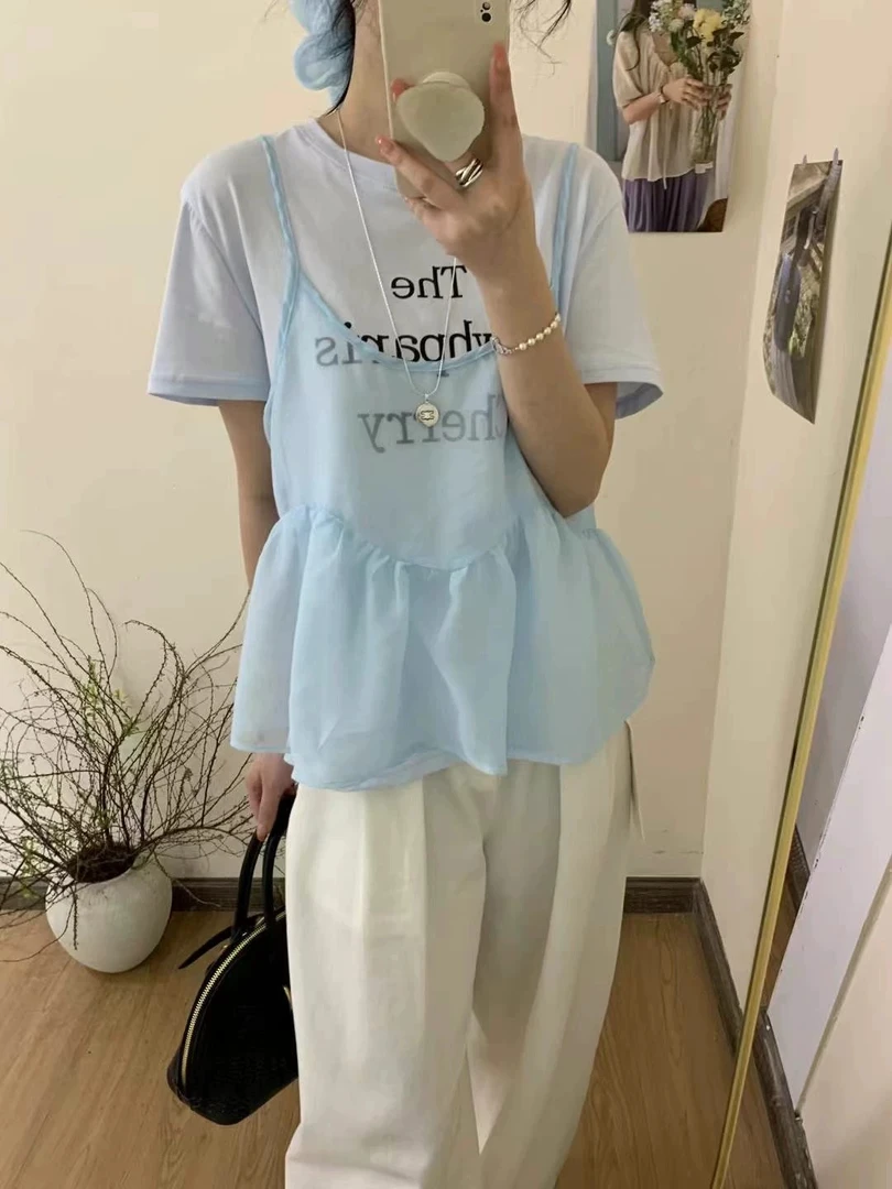 《淦感》2025蓉蓉家夏季套装新款配发圈欧根纱吊带+休闲T恤韩系上衣