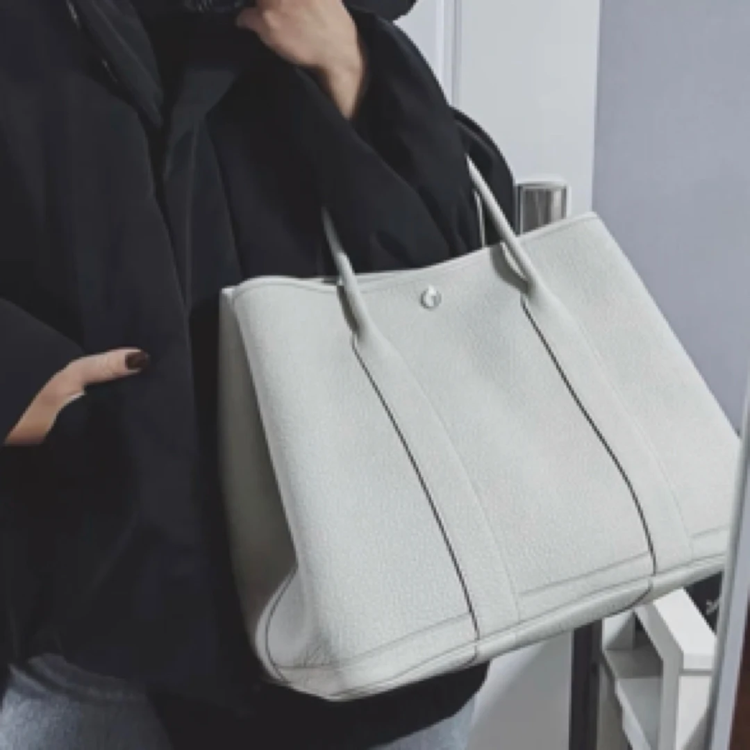 99新 Hermes/爱马仕 花园36珍珠灰银扣tc皮Y手提包