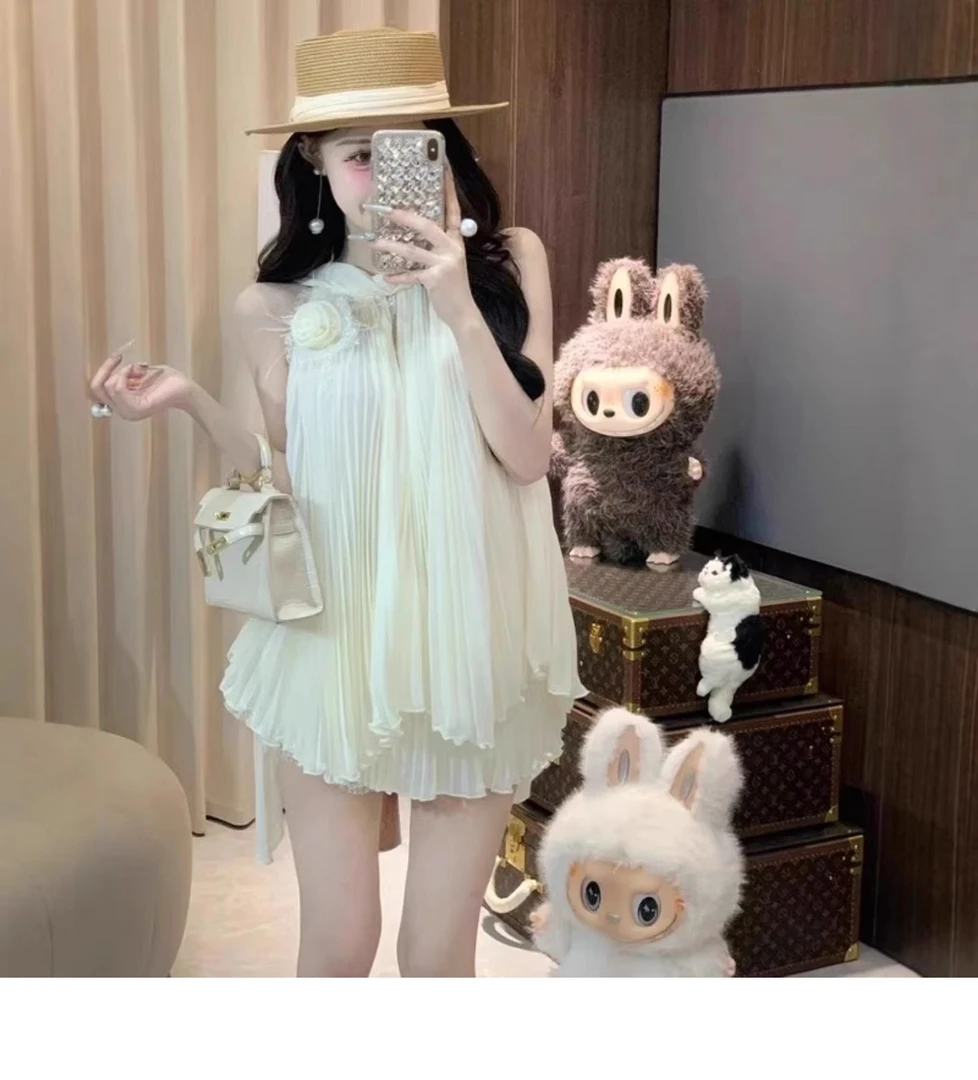 法式温柔荷叶边无袖挂脖短裙两件套装女夏季不规则设计感短裙子