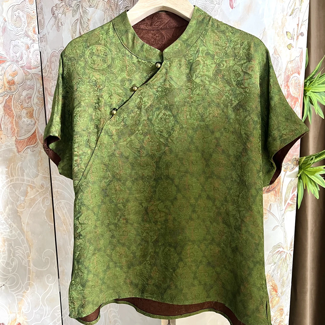 高端重工真丝花萝香云纱短袖T恤双面双穿