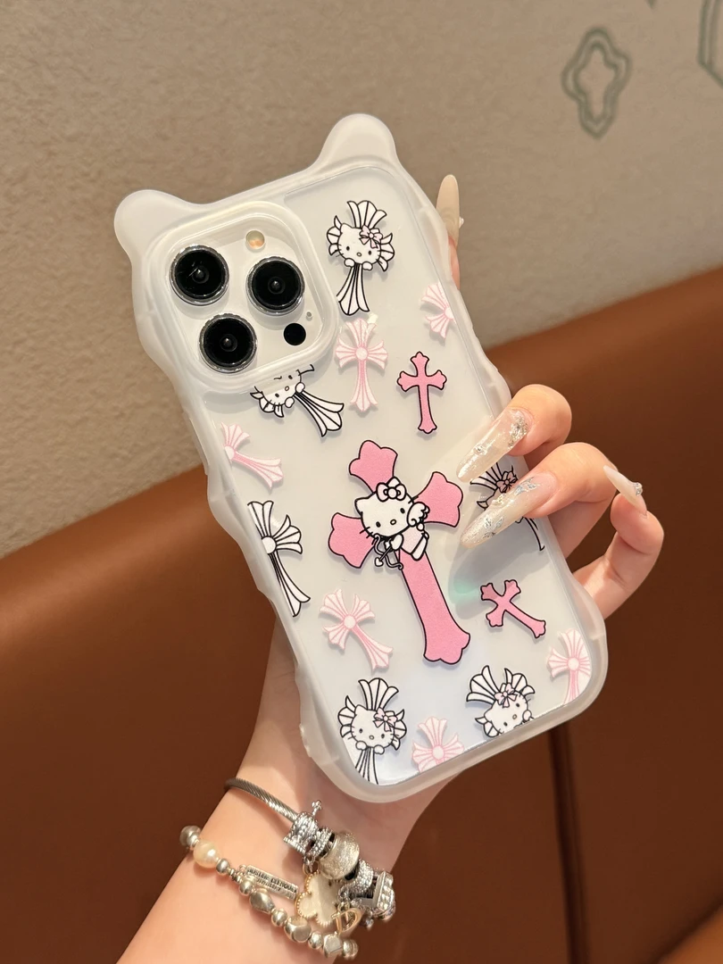 可爱波浪猫耳十字架KT适用苹果16/15/14/13全包防摔手机壳
