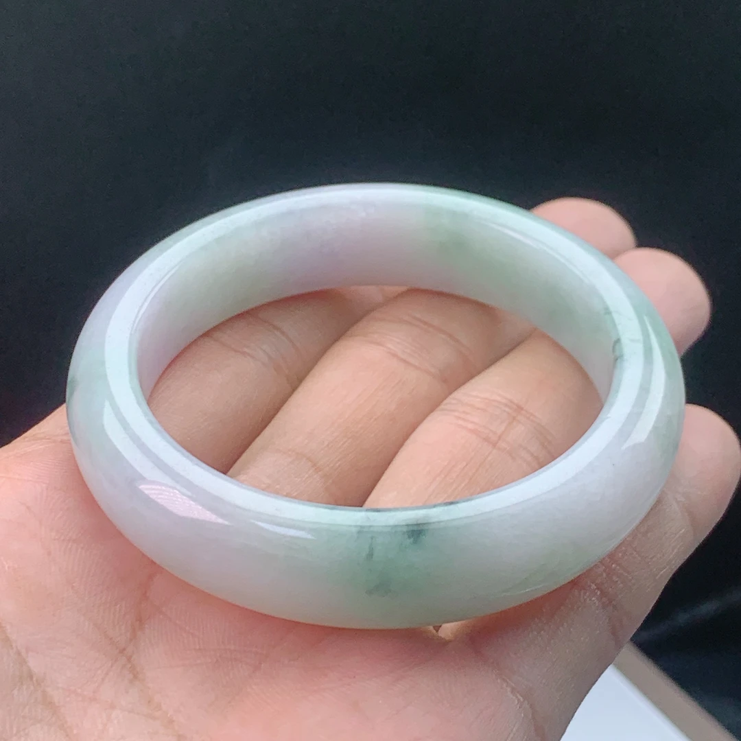 天然翡翠A货冰糯春带彩飘绿紫罗兰手镯内径55正圈55x14x8.3宽边