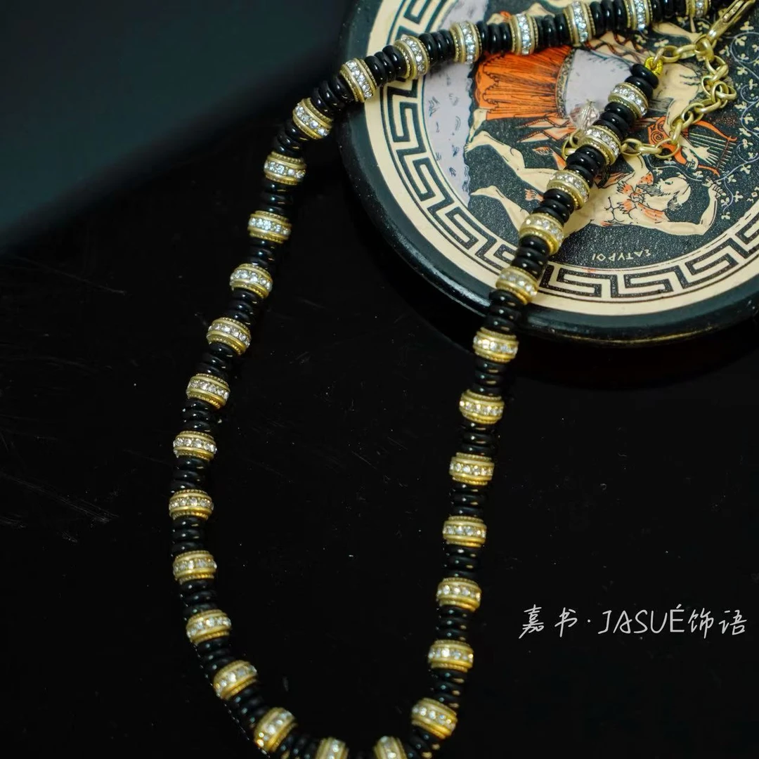 铜合金珐琅项链 中古铜合金气质轻奢满钻项链1806N