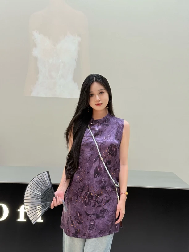 新中式女士夏季复古双面紫色提花无袖立领上衣