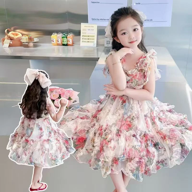 女童花朵吊带纱裙儿童夏季洋气连衣裙女孩夏装甜美公主裙