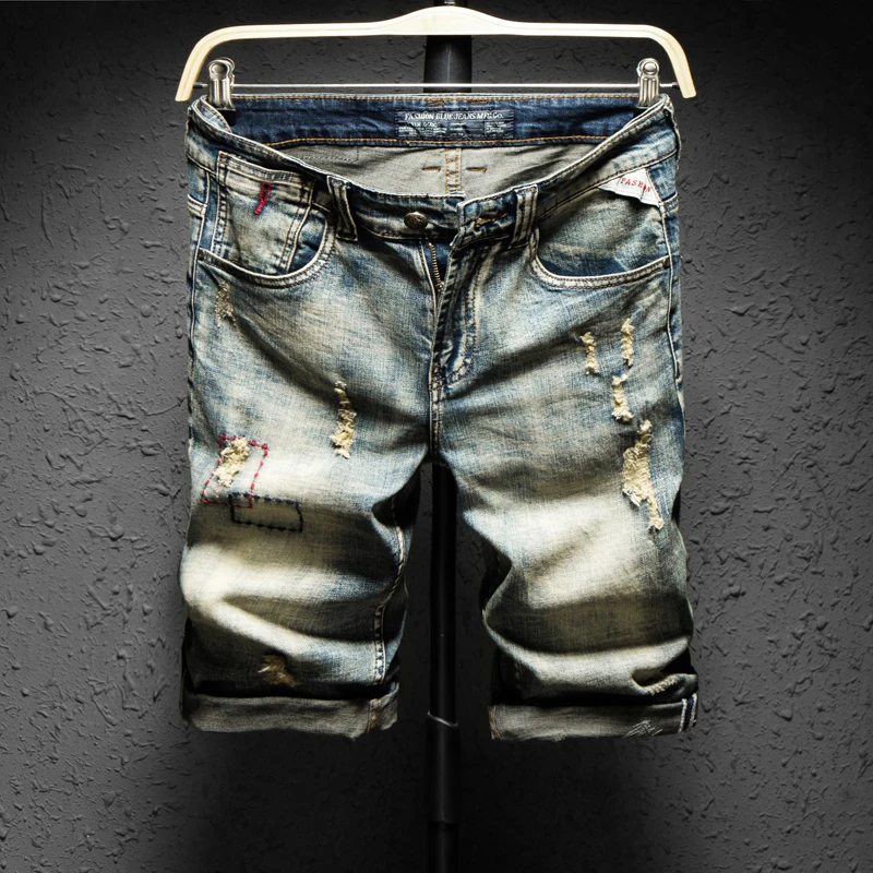 夏季破洞潮牌牛仔短裤男弹力中裤修身五分裤子韩版ins5分男裤薄款