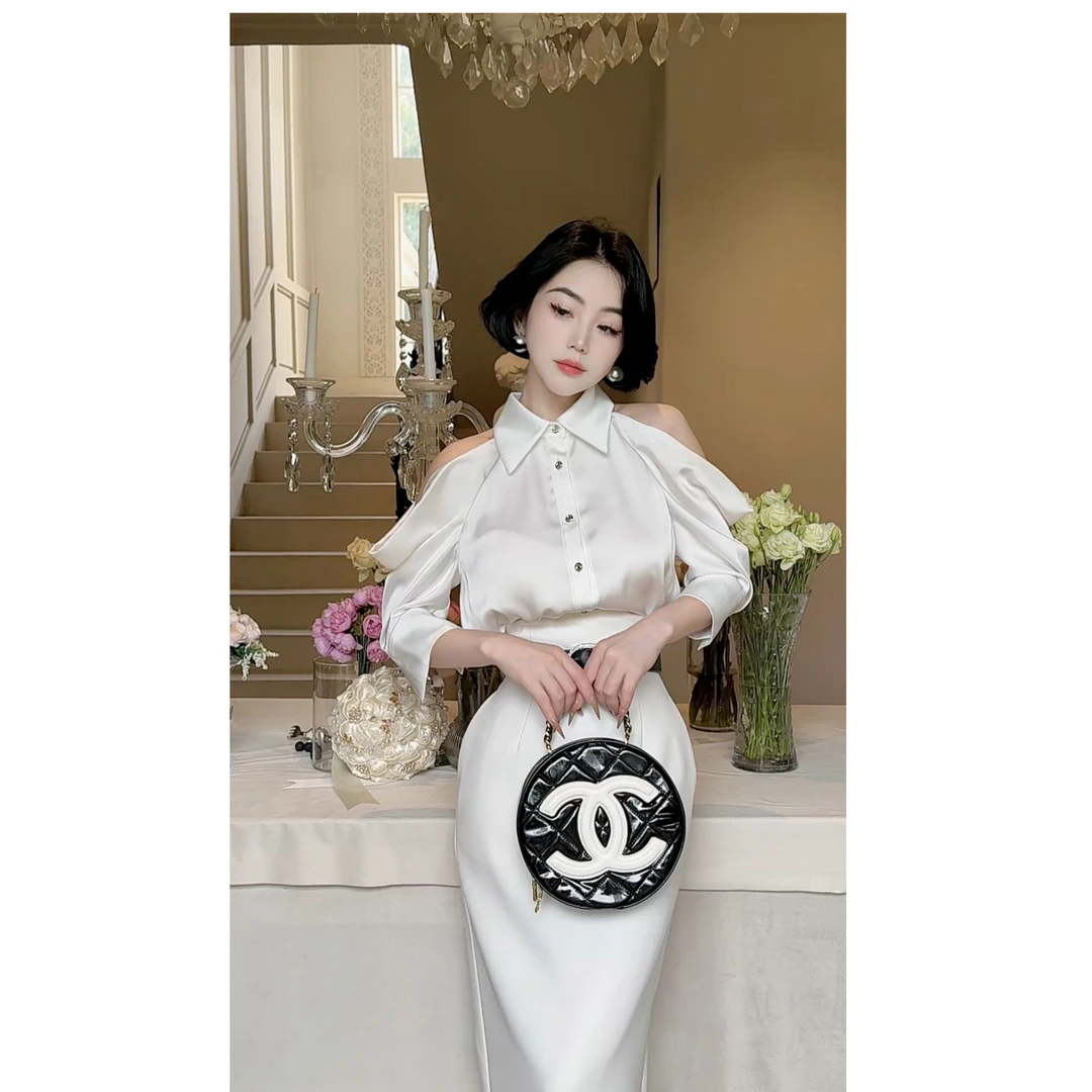 LYXJ【肯尼亚艺术家】高级缎面气质显瘦小众设计露肩衬衫上衣11993