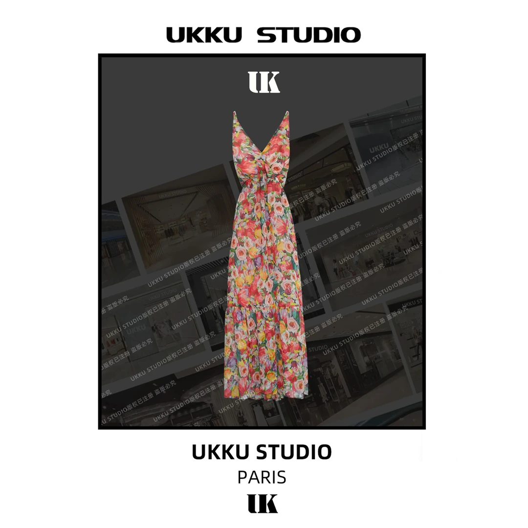 秀秀【UKKUSTUDIO】【玫瑰人生】设计师玫收腰花朵吊带连衣813823