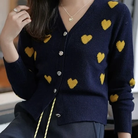 单排扣长袖精致爱心提花8910针织开衫女
