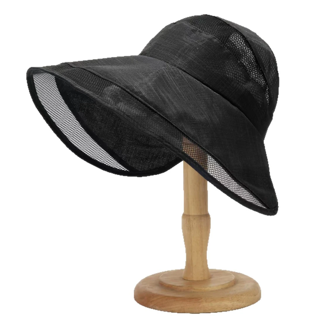 网纱透气遮阳帽女夏季日系大檐百搭防晒帽可扎马尾户外度假沙滩帽