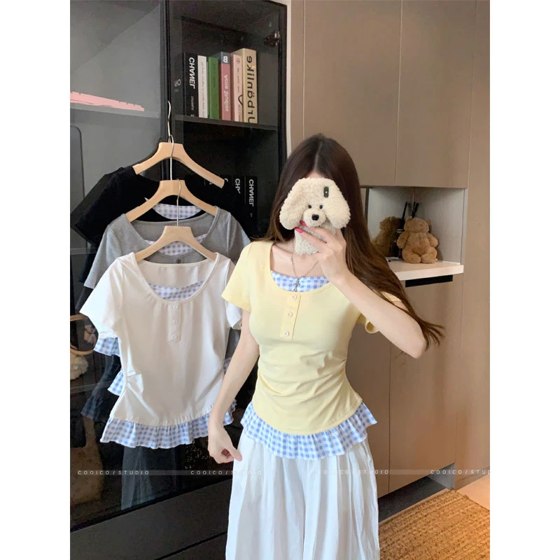 【贝蒂】大码2025夏新款灰色拼接短袖修身T恤女假两件上衣辣妹小衫