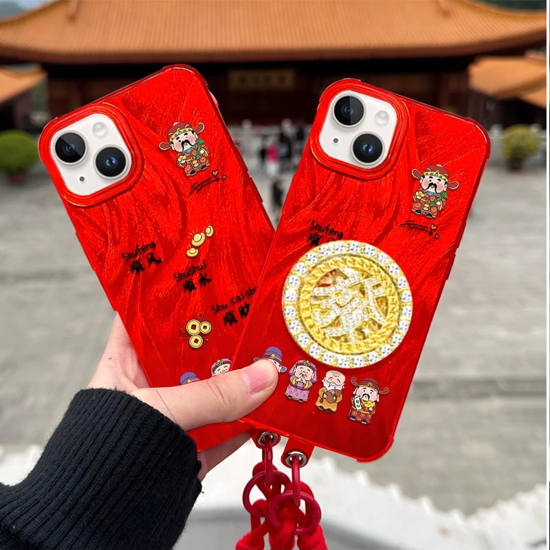 新年限定顺财神适用于创意新年苹果16红色羽纱防摔手机壳Paoive