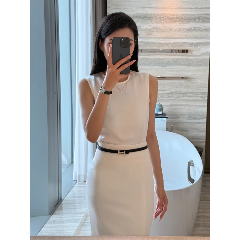 老钱柔光醋酸｜法式腔调圆领无袖上衣＆开衩半身裙-3517