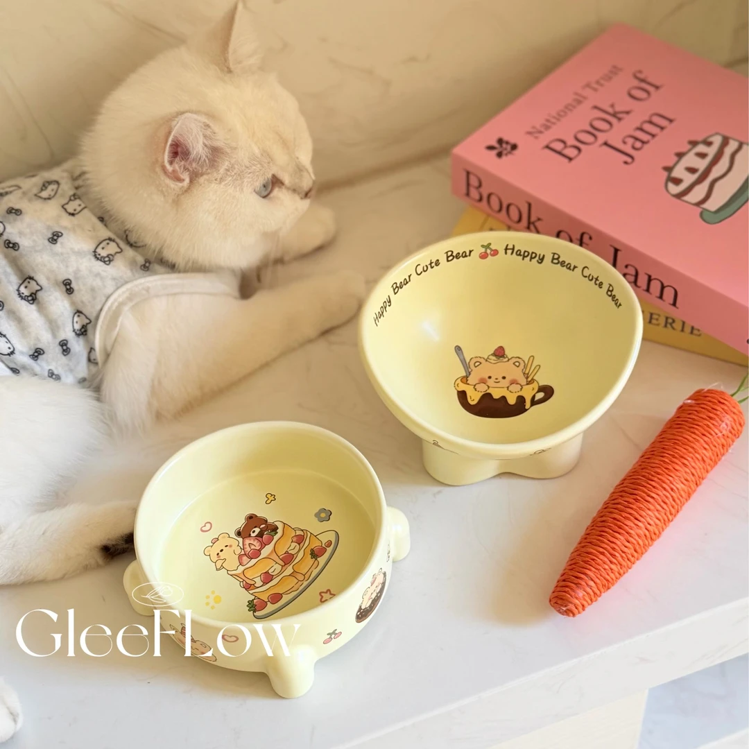 黄色蛋糕熊可爱陶瓷宠物猫碗狗碗食盆粮碗双碗猫咪饭盆防打翻