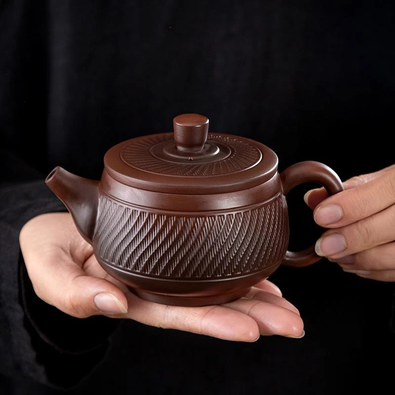 原矿紫陶手工跳刀纹汉瓦壶凤鸣壶大容量功夫茶具紫砂大号茶壶