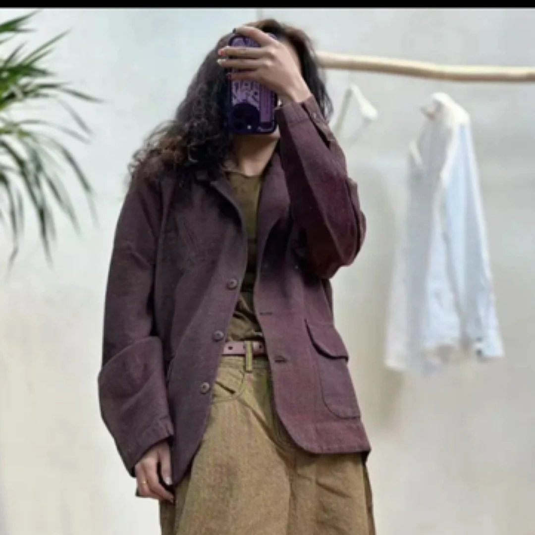 忆古朴拙241104春季气质女士休闲复古色织亚麻棉斜挖袋西装外套