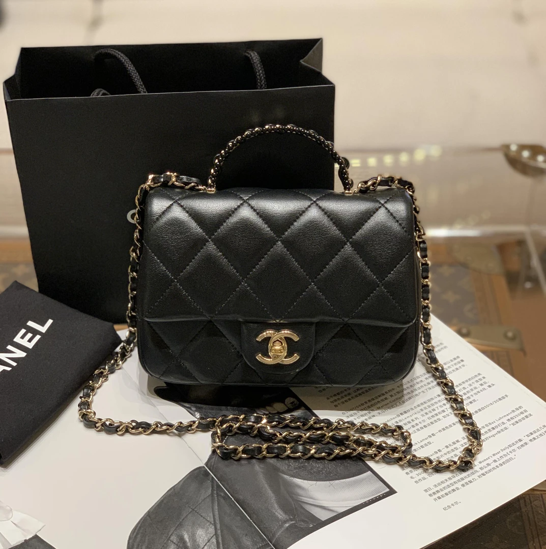 99新 Chanel/香奈儿 壹臻/25P黑金羊皮穿手柄方胖子/10766714
