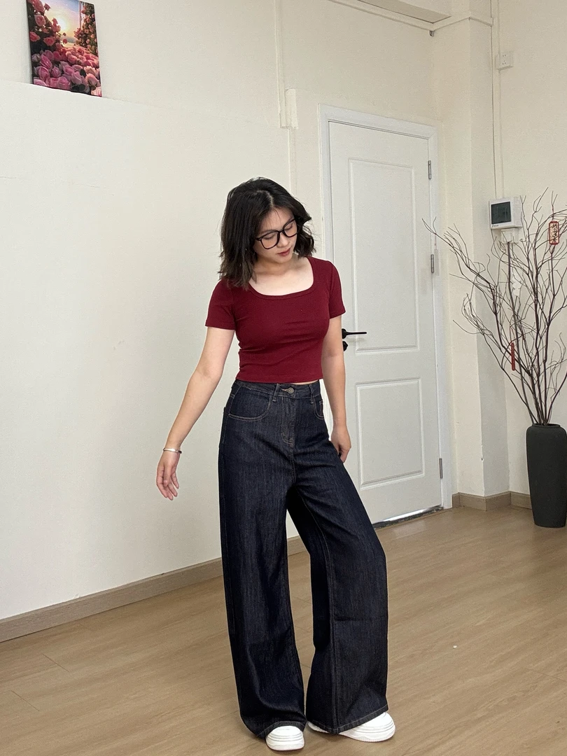 天禧【如日方升】深蓝高腰莱赛尔牛仔裤女夏季新款透气显瘦阔腿长裤