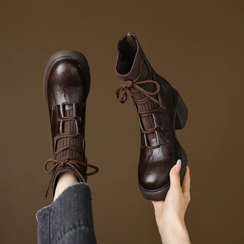 牛皮/6cm/2025新款短靴百搭真皮粗跟厚底增高跟小个子女鞋瘦瘦靴
