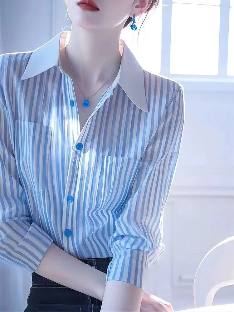 SS810韩系超好看独特漂亮蓝白条纹Polo领衬衫女新款女轻奢高级感