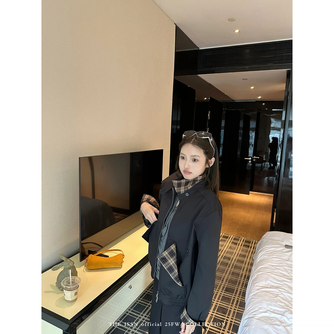 THEISSN宁司 撞色格纹拼接翻领外套女早秋宽松短款上衣 01406