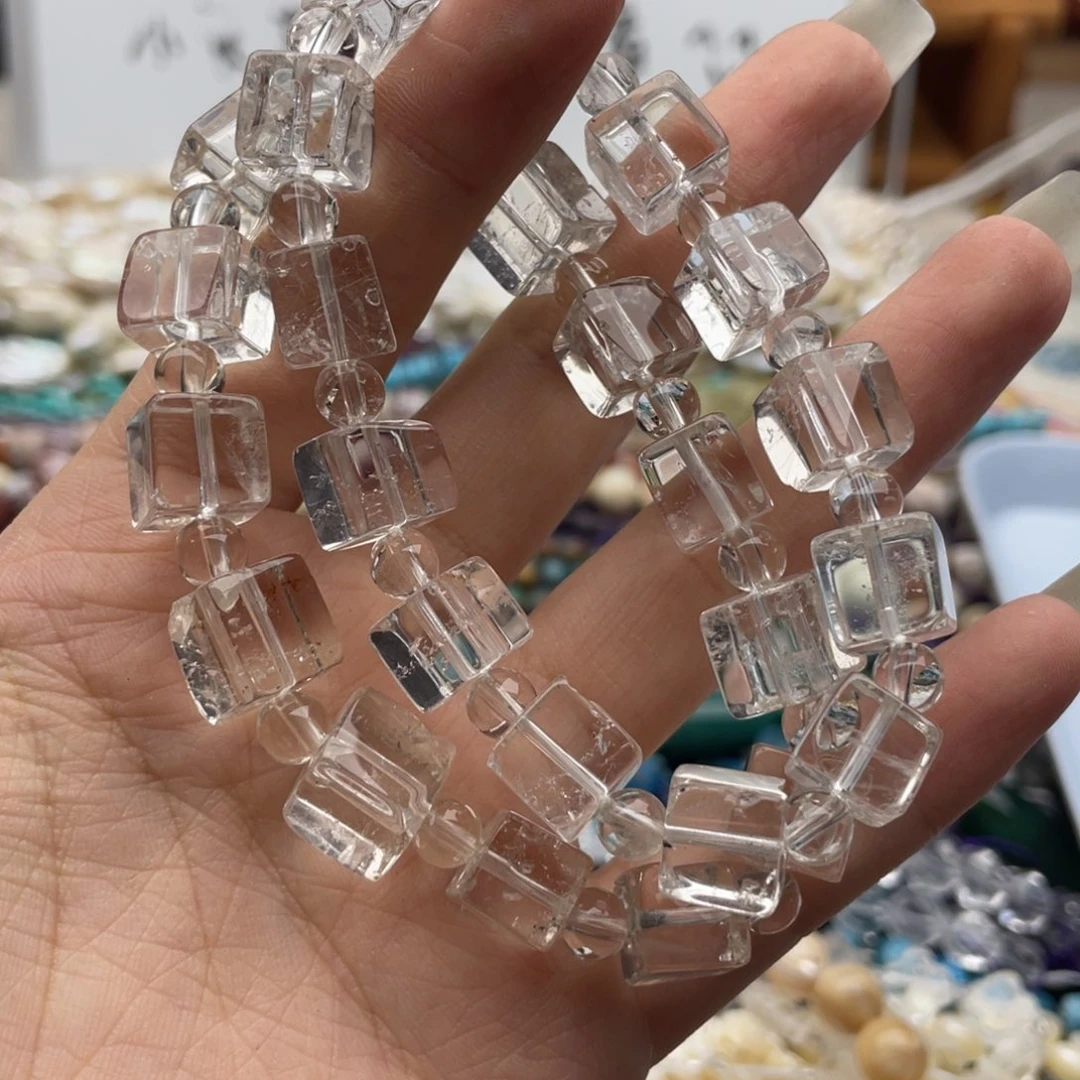 玛瑙/玉髓合金珠宝半成品一条卡8透体白水方糖手串