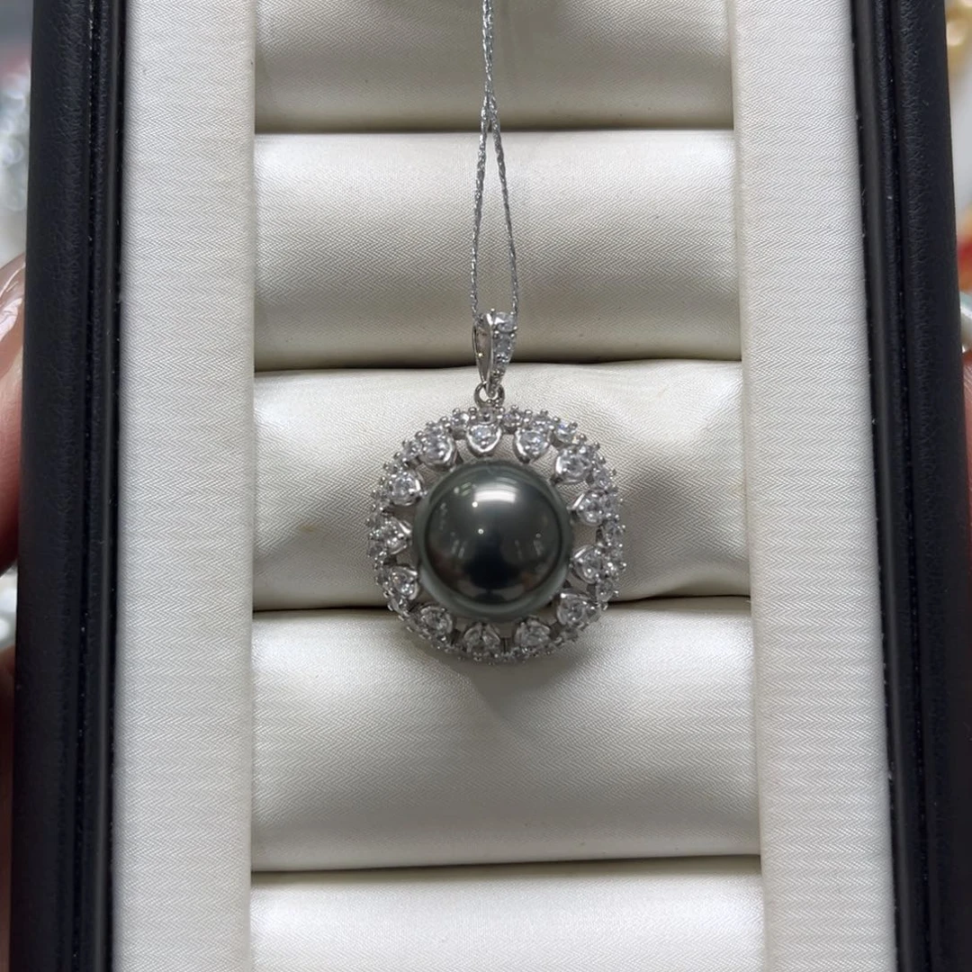 银S925镶嵌海水珍珠漏大溪地设计款吊坠12-13mm