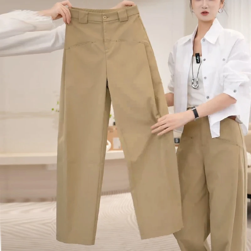 拉夏贝尔卡其色香蕉裤直筒阔腿女裤2025秋季新款显瘦牛仔阔腿裤子