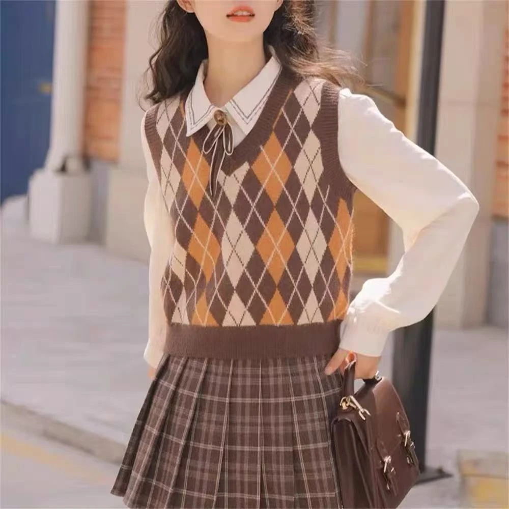 学院风马甲网红针织百搭复古格子菱格菱形格时尚宽松马夹韩版秋冬
