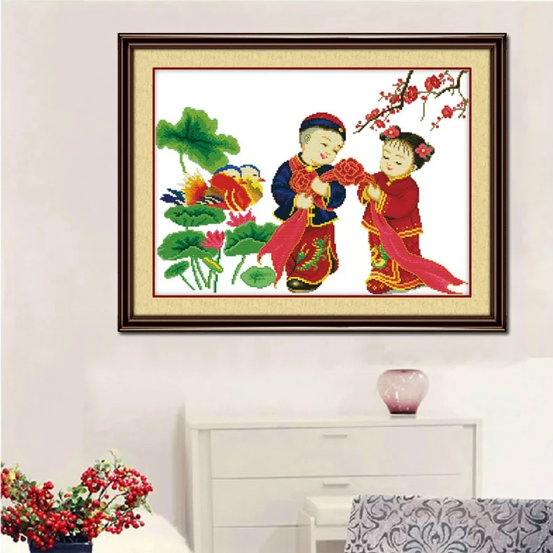 70厘米大格纯手工绣好的十字绣成品鸳鸯方形百年好合