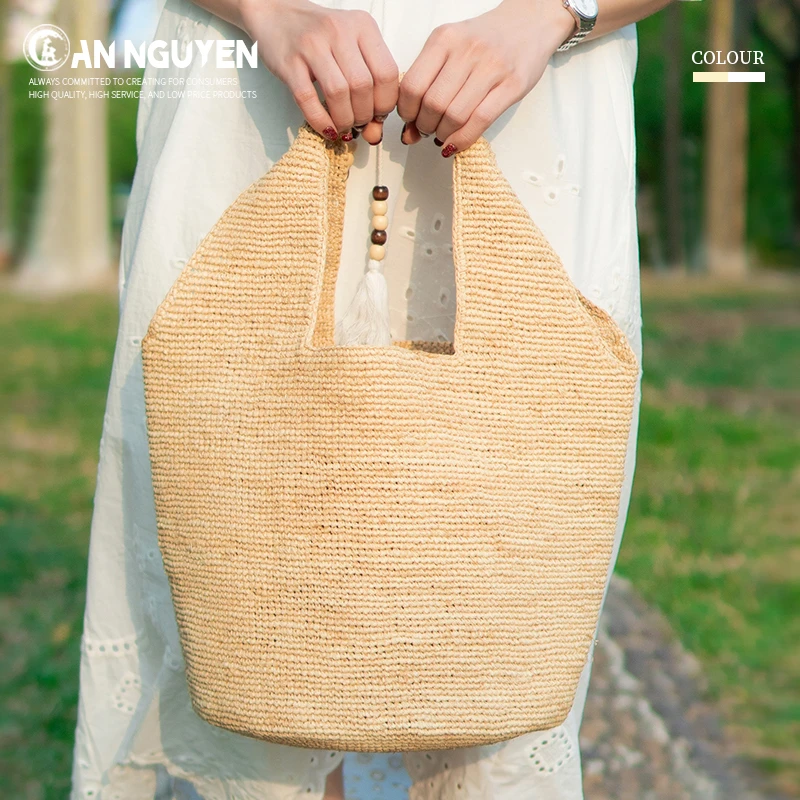 HJ新款手工钩针拉菲草精编编织草编包沙滩包手提包单肩包腋下包