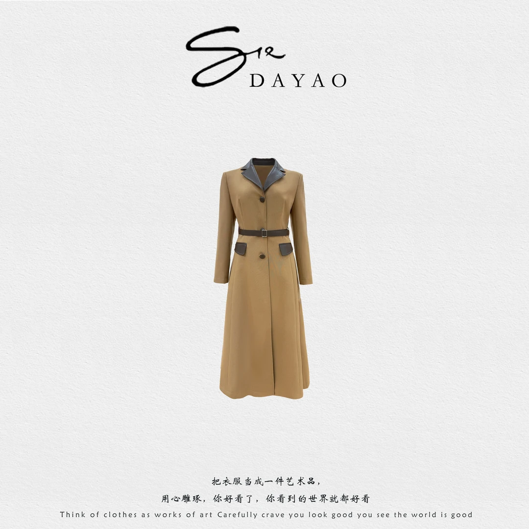 「DAYAO」秋季风衣纯色大衣气质休闲常规袖双排扣女翻领WYA258193