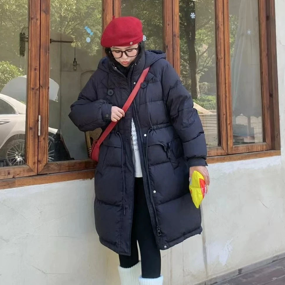 韩版M扣抽绳收腰女中长款白鸭绒甜美洋气连帽宽松羽绒服外套