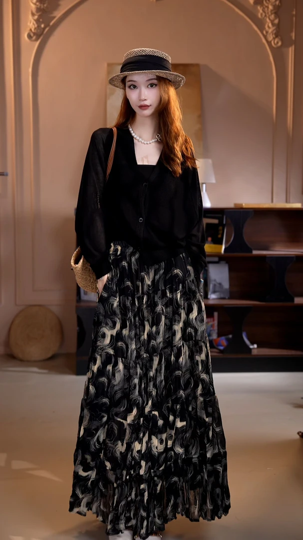 法式艺术流浪风显瘦气质轻奢名媛重工拼接时尚小香风褶皱半身裙