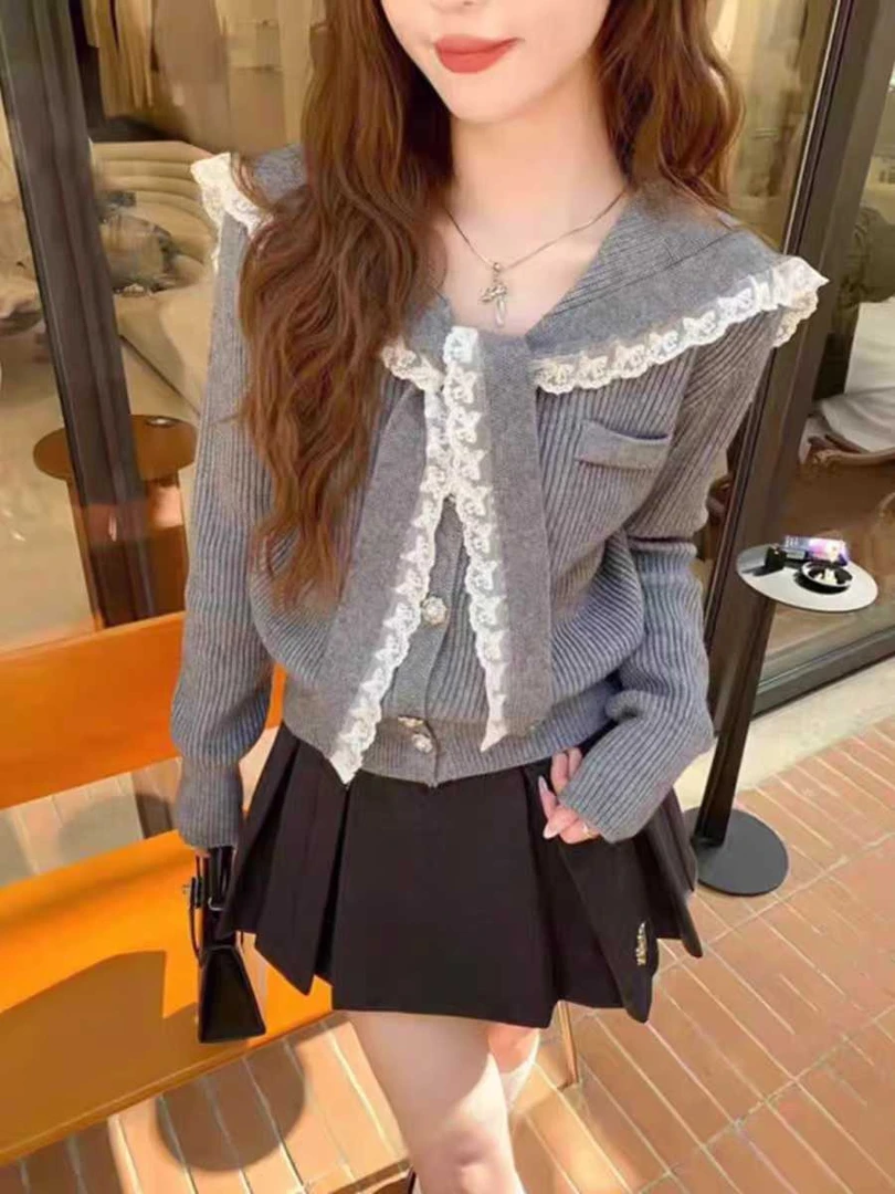 秋冬新款韩版学院风海军领慵懒风开衫女气质蕾丝边针织衫毛衣外套