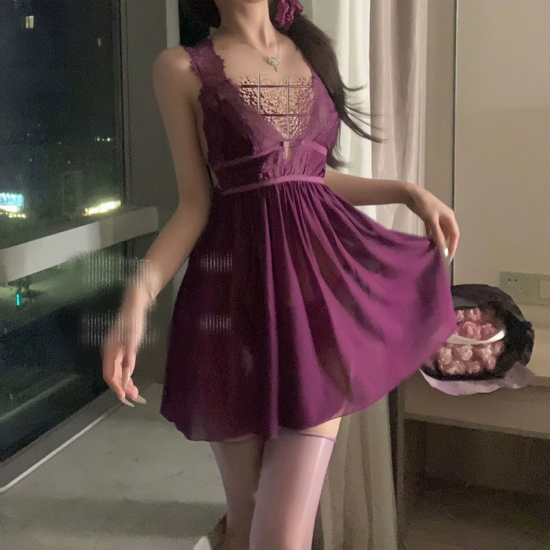 Yese夜涩*后背更性感呜呼~紫色蕾丝吊带睡裙柔软睡衣睡裙