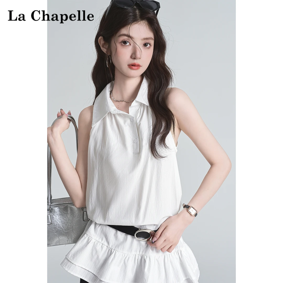 拉夏贝尔法式polo领无袖背心裙女夏新款纯欲风设计感收腰辣妹上衣